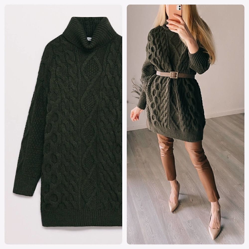 Mango Cable Knit Chunky Dress Braids Oversized Turtleneck Khaki - Picture 3 of 7